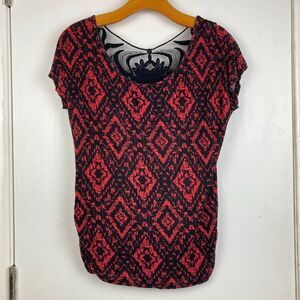 Y2K Whimsigoth Short Sleeve Top Red Black Geometric Black Lace Back Vampire sz M